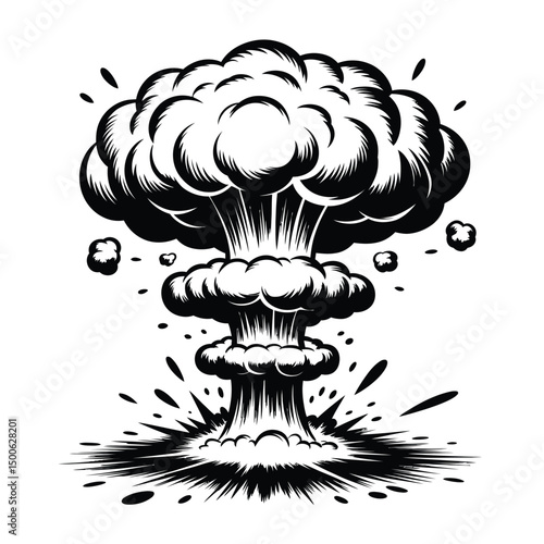 Black and White Illustration of a Powerful Atomic Explosion