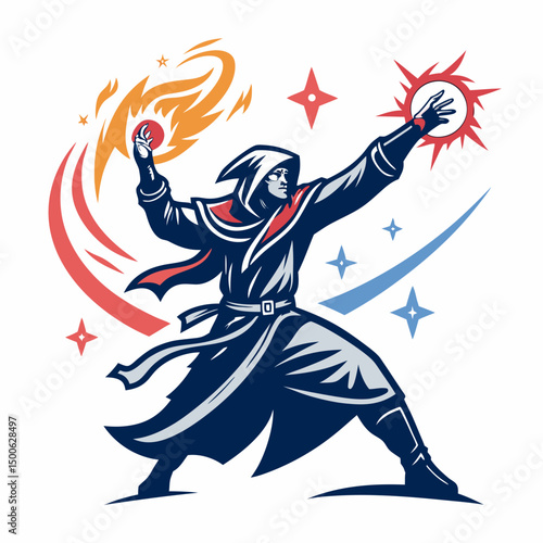 Create a vector illustration of a powerful mage casting a spell, featuring bold, thick outlines and vibrant colors.  Emphasis on dynamic pose and magical effects.