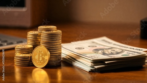 Realistic photo of neatly stacked golden coins and hundred-dollar bills on a wooden desk with ambient light