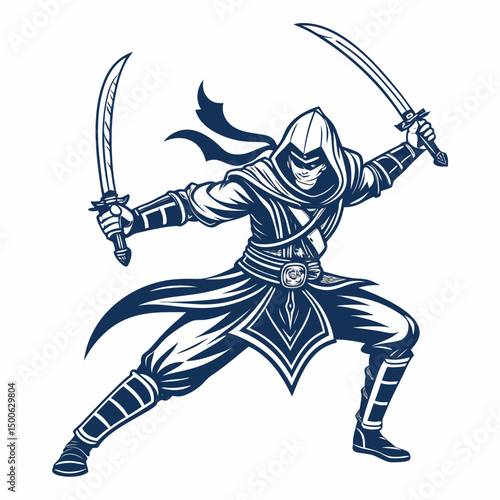 Design a bold, vector illustration of a dynamic MOBA assassin hero, emphasizing strong lines and impactful silhouette.