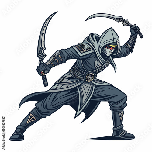 Create a bold, vector illustration of a stylized MOBA assassin hero, emphasizing sharp lines and dramatic pose.