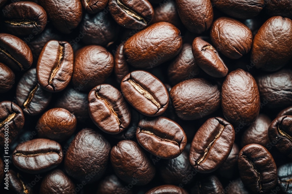 Fototapeta premium A macro coffee beans texture wallpaper showing the intricate details of each bean, highlighting the rich tones with copy space. Subtle warm lighting. Cozy breakfast nook background.