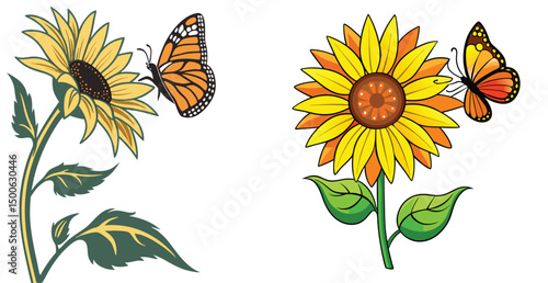 Cartoon illustration of sunflowers with butterflies isolated on white background cheerful spring summer design