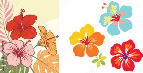 Colorful hibiscus flower set with tropical leaves design perfect for summer and spring projects