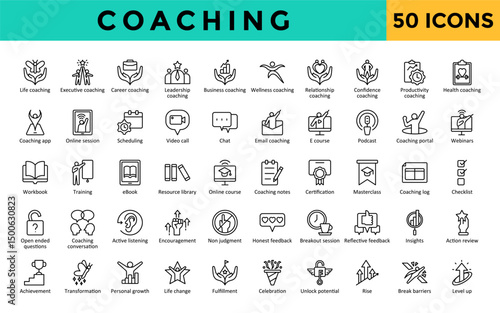 Coaching icons set with life, executive, career, leadership, wellness, business, confidence,  relationship, productivity, health icon. Simple line vector 
