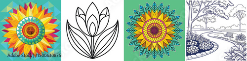 Coloring book vector illustrations collection of mandala flower designs and park landscape scenery