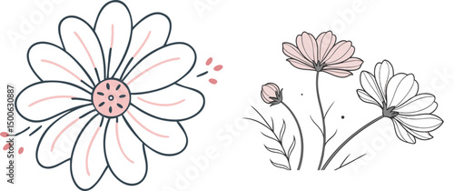 Cute floral illustration of daisies and cosmos with soft colors on white background for creative projects