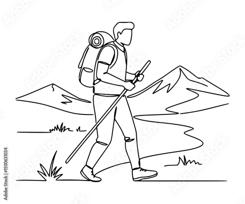 Hiker with walking stick. A young boy climbing mountain. 