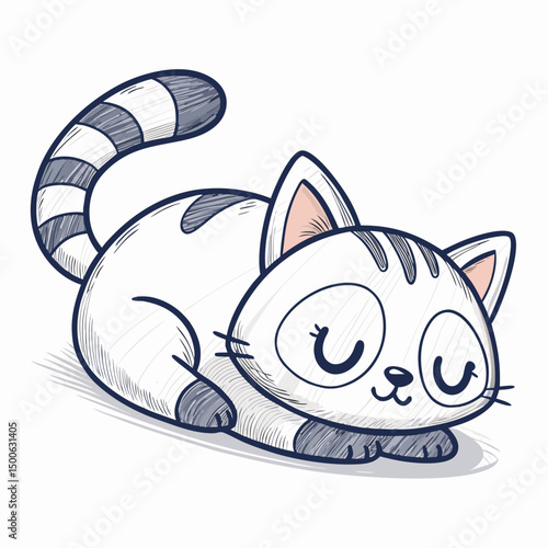Design a bold, vector illustration of a plush cat toy, curled up asleep.  Emphasize thick outlines.