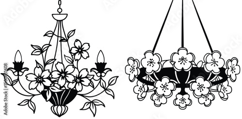 Elegant floral chandeliers with blossoms vector illustration decorative lighting fixtures botanical design artistic silhouettes decor elements