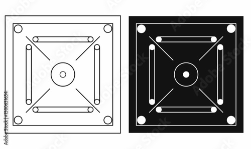 Carrom board top view vector in outline and solid style. Perfect for board games, indoor sports, traditional games, and recreational illustrations.