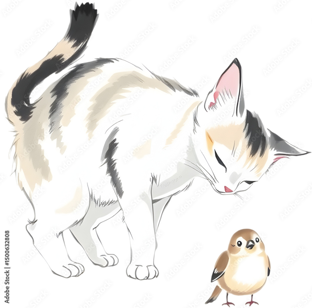 Obraz premium Curious cat gently interacts with bird in soft East Asian ink painting style. 