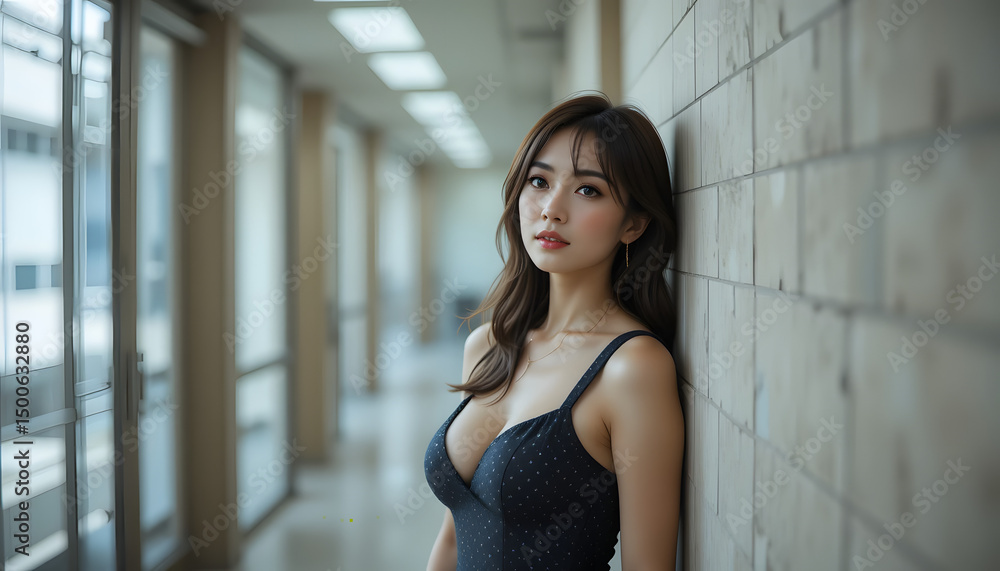 Asian woman poses against brick wall Asian woman poses against brick wall