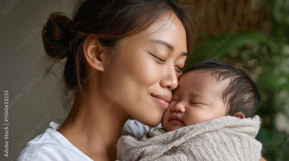 A loving mother kissing the forehead of her baby A loving mother kissing the forehead of her baby