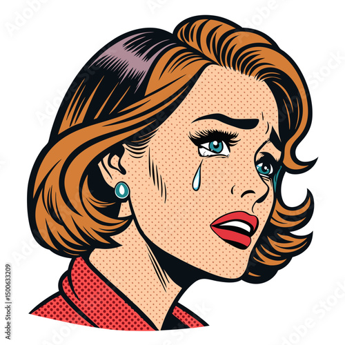 Create a bold, vector illustration of a woman crying in a vibrant Pop Art style, emphasizing thick outlines and saturated colors.