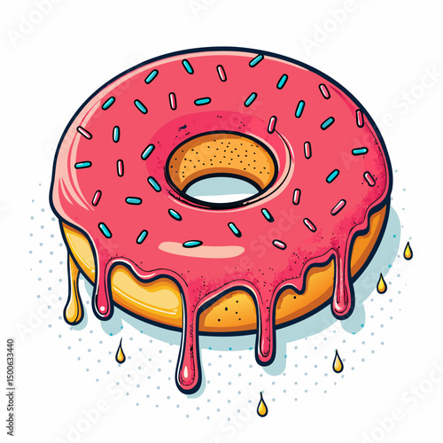 Create a bold vector illustration of a pop art style donut with vibrant, contrasting colors and a thick outline.