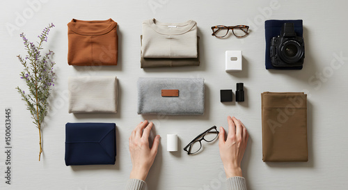 Arranging Folded Clothes and Accessories on Table Top View