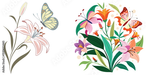 Floral vector illustration with lilies and butterflies bright artistic botanical design isolated on white background