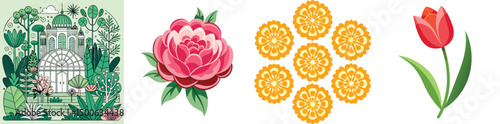 Ornamental conservatory illustration with pink rose,yellow flower designs,and red tulip on a white backdrop