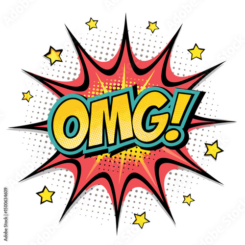 Create a vector illustration of "OMG" in a bold, pop art style with thick, impactful strokes.  Use vibrant, contrasting colors.