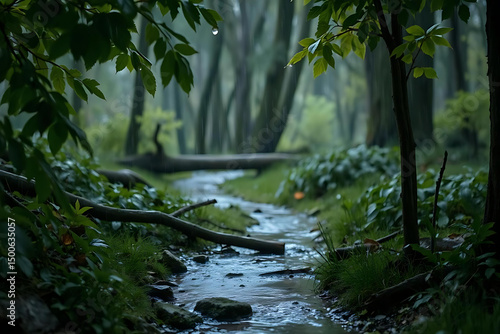 A serene forest during early spring, captured while a gentle rain softly falls over a small stream winding through lush green foliage. Realistic lighting and detailed natural textures.
