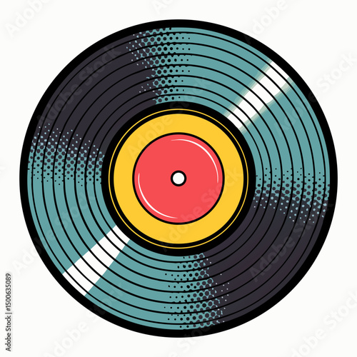 Create a bold, vector illustration of a pop art style vinyl record with thick black outlines and vibrant color-filled sections.