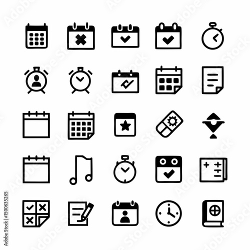 Create a bold vector illustration of productivity tools  calendar, clock, checklist, notebook, pen.  High contrast, clean lines.