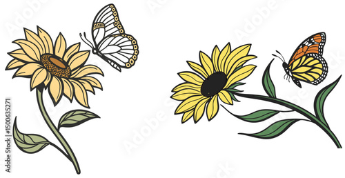 Two sunflower illustrations with butterflies in different styles yellow petals and green leaves