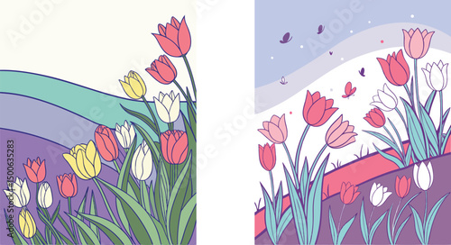 Two whimsical spring scenes featuring colorful tulips and fluttering butterflies with gentle pastel backgrounds