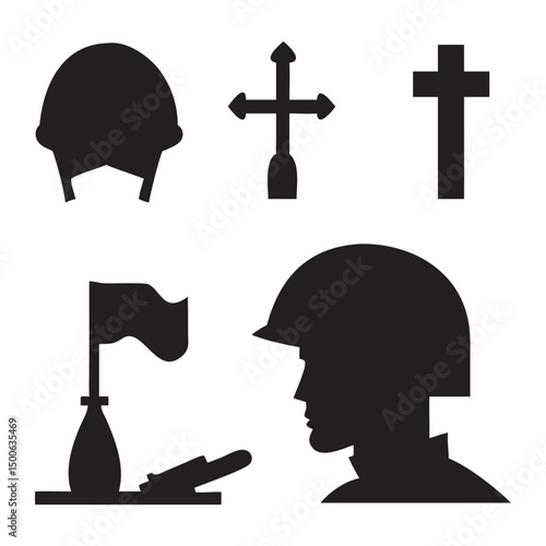Set of Memorial Day silhouette likes military hat, shield, star, cross, rifle, flag vector illustration on white background.
