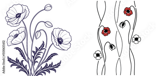 Vector set of blooming poppies and delicate poppy stems in vintage style botanical floral composition isolated