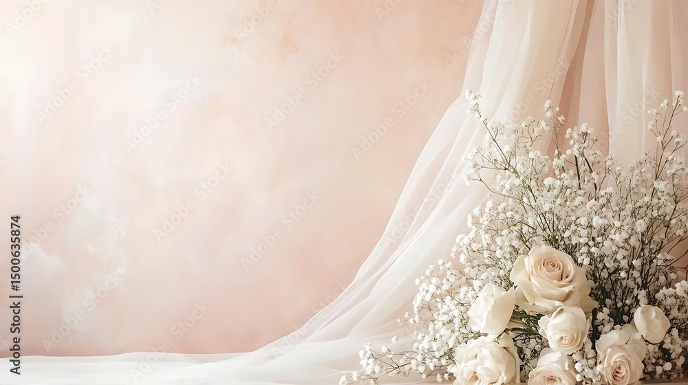 Fototapeta premium Soft Roses, Sheer Fabric, Pastel Background