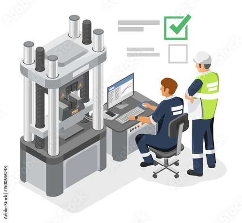 Engineers performing a steel test with industrial press machine while analyzing data for quality assurance and license certification in a high-standard facility