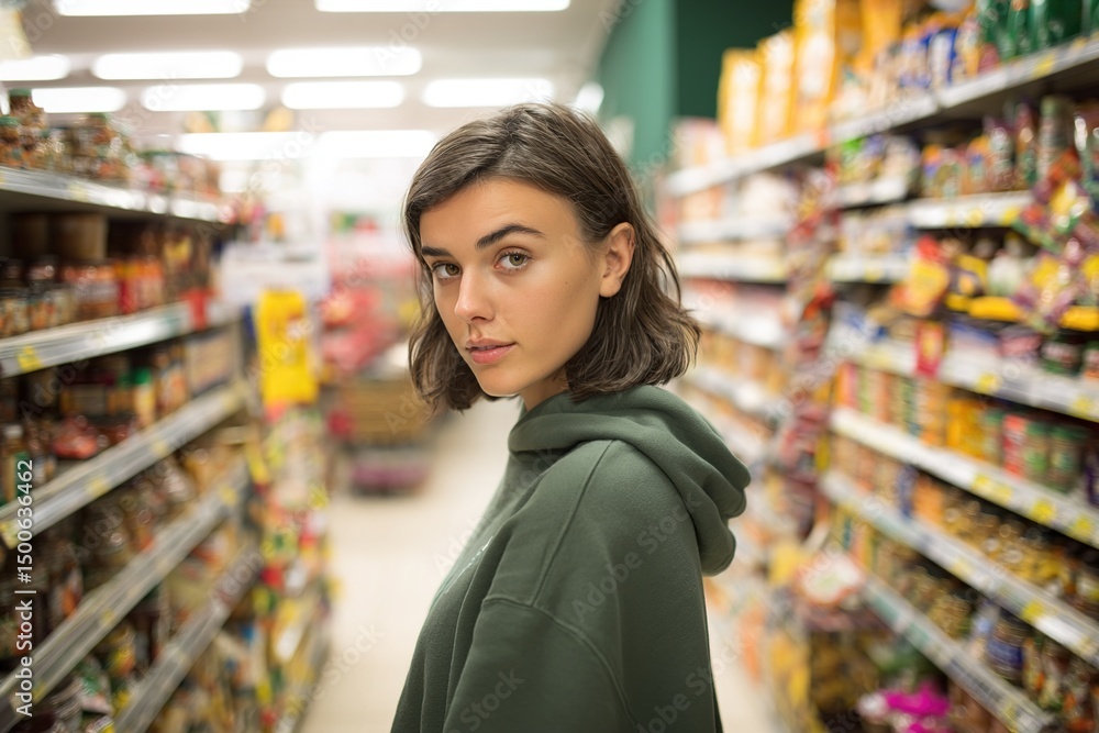 Satisfies supermarket customer looking at camera. High quality Satisfies supermarket customer looking at camera. High quality
