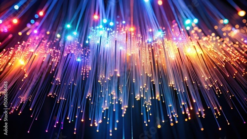 Softly glowing fiber optic strands suspended in mid-air, creating a mesmerizing dance of light and color , optoelectronics, shimmering