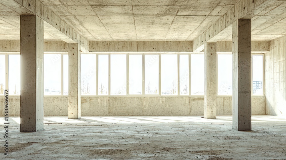 Fototapeta premium An empty, unfinished concrete building with large windows and exposed concrete beams
