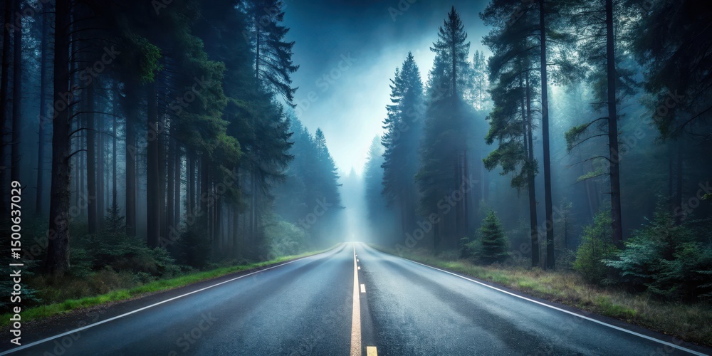 Obraz premium Empty asphalt road in a dark forest with fog, rural solitude, night scene