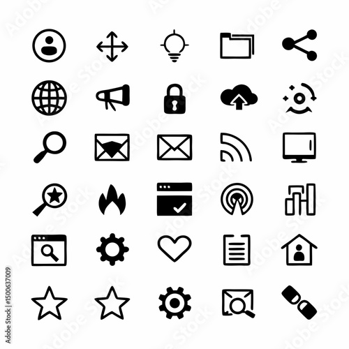 Create a bold vector illustration of SEO and web development tools.  Include icons for search engine optimization, analytics, and website building.