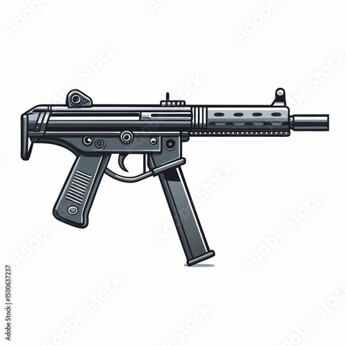 Create a bold, vector illustration of a silenced submachine gun (SMG), emphasizing strong, clean lines and a thick stroke.