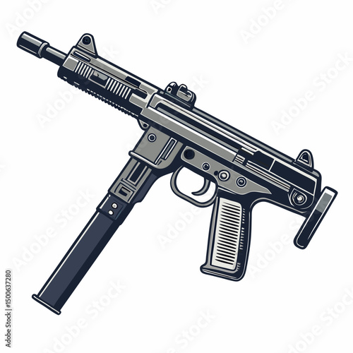 Create a bold, vector illustration of a silenced submachine gun (SMG), emphasizing thick, strong outlines and sharp details.  Focus on a clean, impactful design.