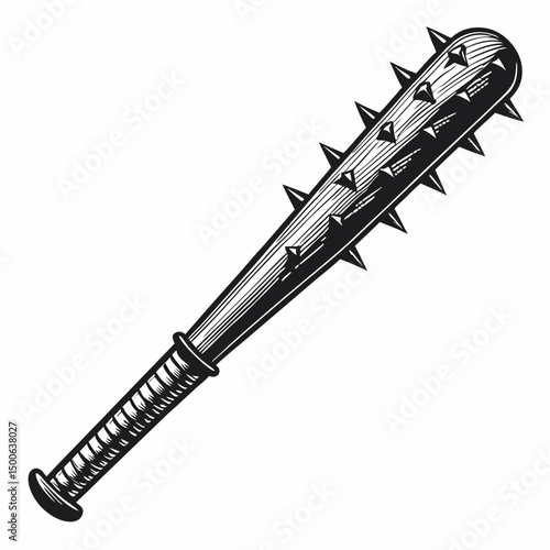 Create a vector illustration of a bold, spiked bat melee weapon with a thick, black stroke.  High detail, sharp edges.