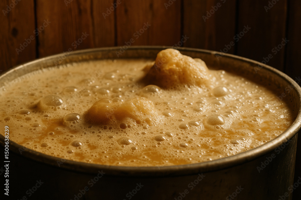 Fermenting brew in rustic barrel with foam and bubbles rising Fermenting brew in rustic barrel with foam and bubbles rising