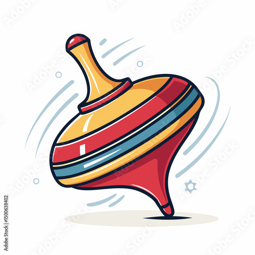 Create a vector illustration of a bold, spinning top toy, emphasizing its dynamic movement.  Include strong outlines and vibrant color.