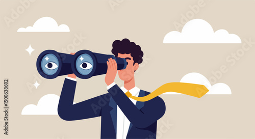 Illustration of a businessman using binoculars, representing vision and future goals, under a clear sky.