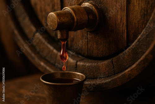 Vintage oak barrel pouring whiskey into cup with rustic charm and warm lighting