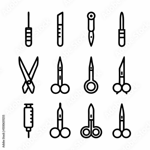 Create a vector icon depicting bold-stroked surgical instruments; scalpel, forceps, and needle.  High detail, clean lines.