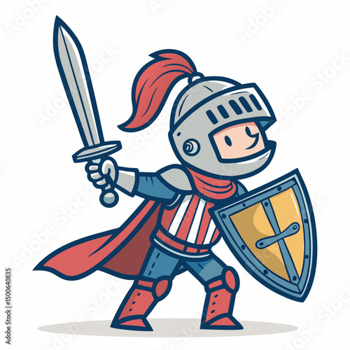 Create a bold vector illustration of a toy knight,  sword drawn,  in a heroic pose.  Focus on thick outlines.