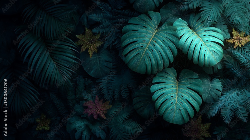 Fototapeta premium Lush foliage creates tropical jungle art profile