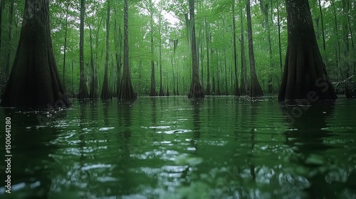 A swamp scene, with trees reflected in the murky, calm water surface