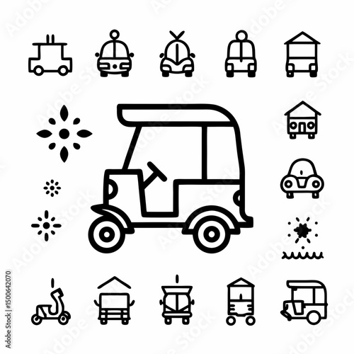 Create a bold, vector illustration of a Tuk Tuk/Auto Rickshaw, emphasizing strong outlines and vibrant colors.  Include detailed wheels and chassis.